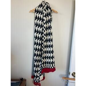 NWT Carolina K Wool Flat Weave Style Red Tassels Triangle Scarf Black